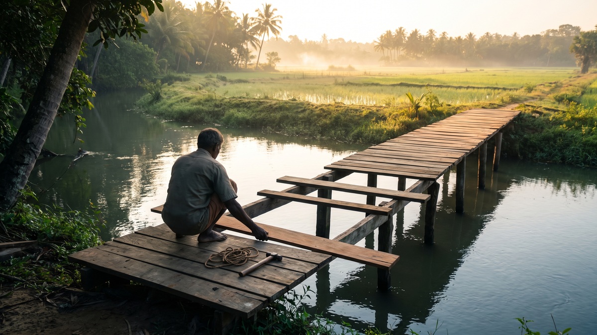 A person kneels on a half-built wooden footbridge over a stream at dawn, setting the next plank in place, with morning light on the far bank.